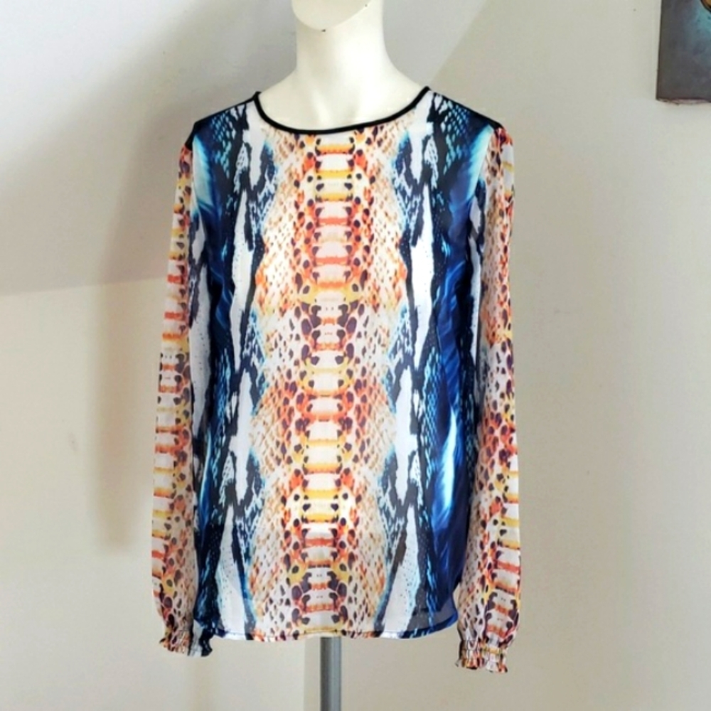 PHILOSOPHY Snake-Print Semi-sheer Multicolor Black Shoulder Lace Trim Top XS - Picture 6 of 16